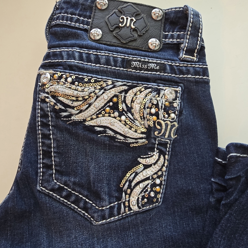 Miss Me Dark Blue Jeans with Gold and Silver Embellishments